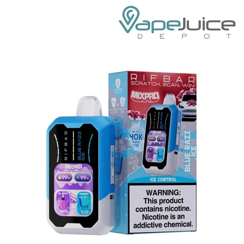 A Disposable of Blue Razz Ice Rifbar Mixpro 40K with smart full screen and a box with a warning sign next to it - Vape Juice Depot