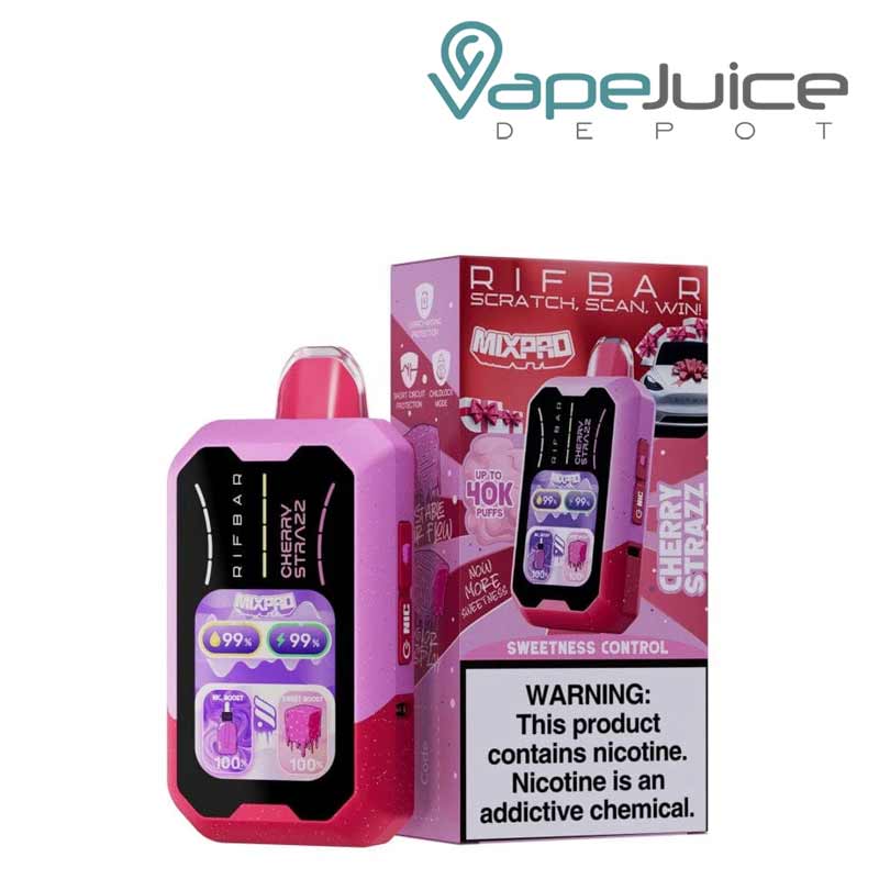 A Disposable of Cherry Strazz Rifbar Mixpro 40K with smart full screen and a box with a warning sign next to it - Vape Juice Depot
