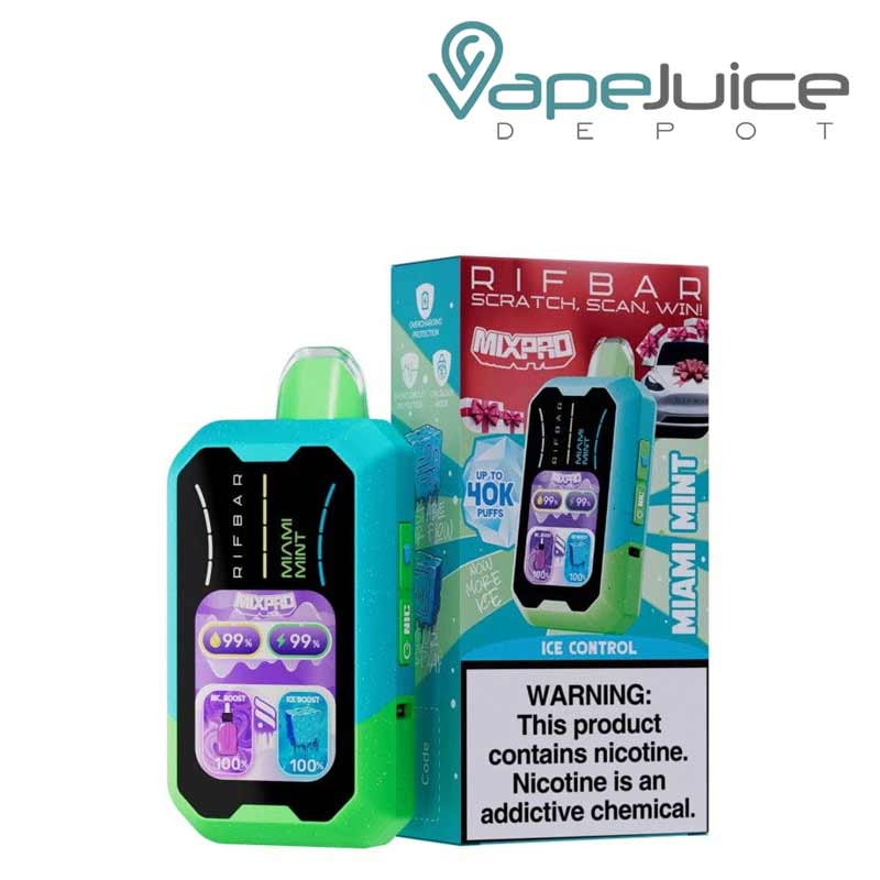 A Disposable of Miami Mint Rifbar Mixpro 40K with smart full screen and a box with a warning sign next to it - Vape Juice Depot