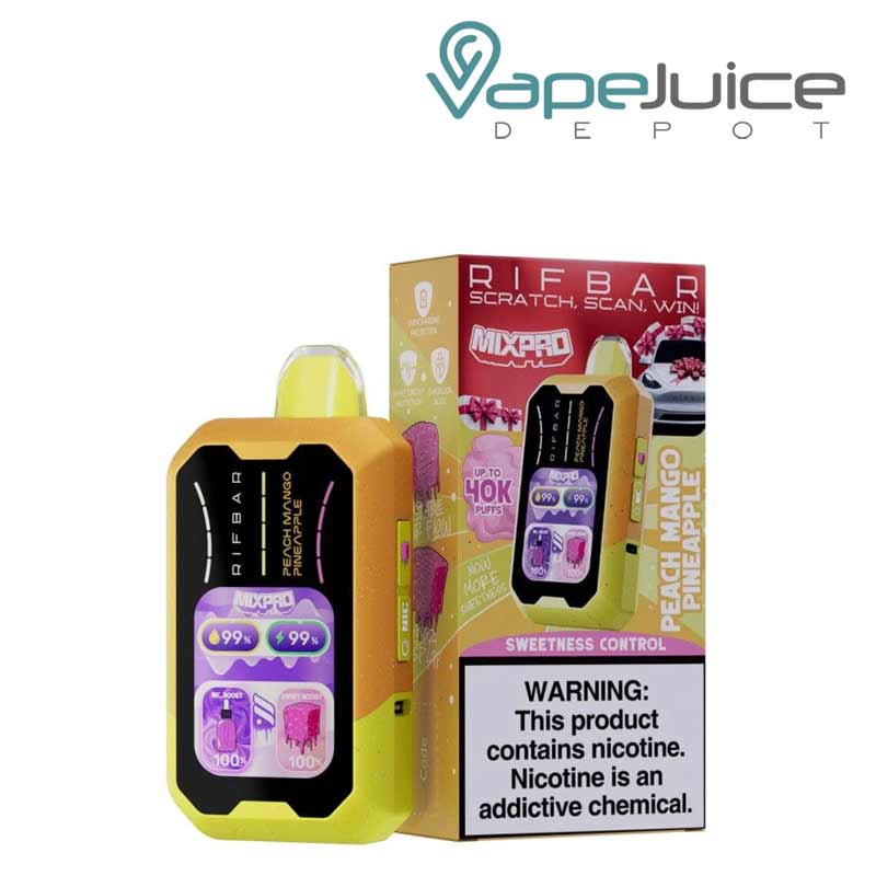 A Disposable of Peach Mango Pineapple Rifbar Mixpro 40K with smart full screen and a box with a warning sign next to it - Vape Juice Depot