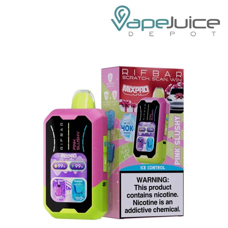 A Disposable of Pink Slushy Rifbar Mixpro 40K with smart full screen and a box with a warning sign next to it - Vape Juice Depot