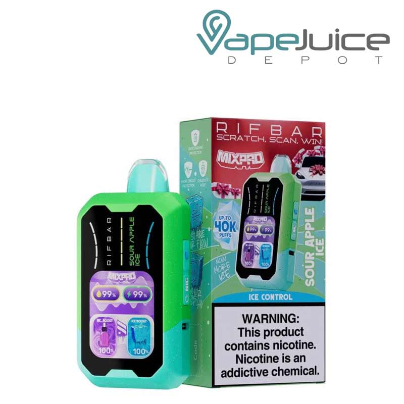 A Disposable of Sour Apple Ice Rifbar Mixpro 40K with smart full screen and a box with a warning sign next to it - Vape Juice Depot