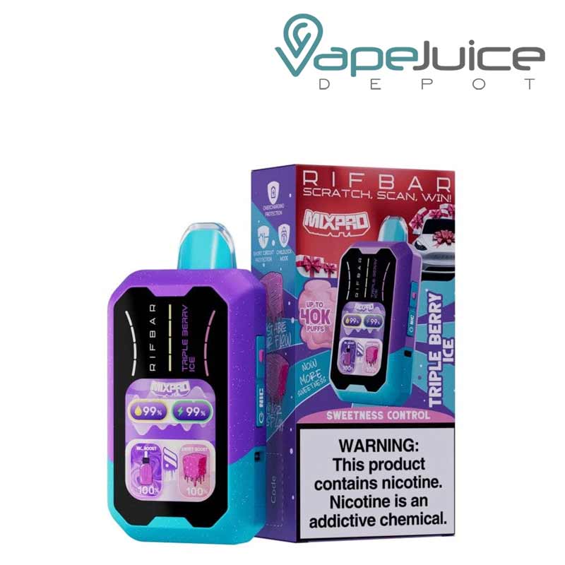 A Disposable of Triple Berry Ice Rifbar Mixpro 40K with smart full screen and a box with a warning sign next to it - Vape Juice Depot