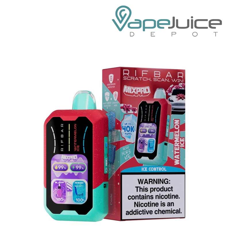A Disposable of Watermelon Ice Rifbar Mixpro 40K with smart full screen and a box with a warning sign next to it - Vape Juice Depot