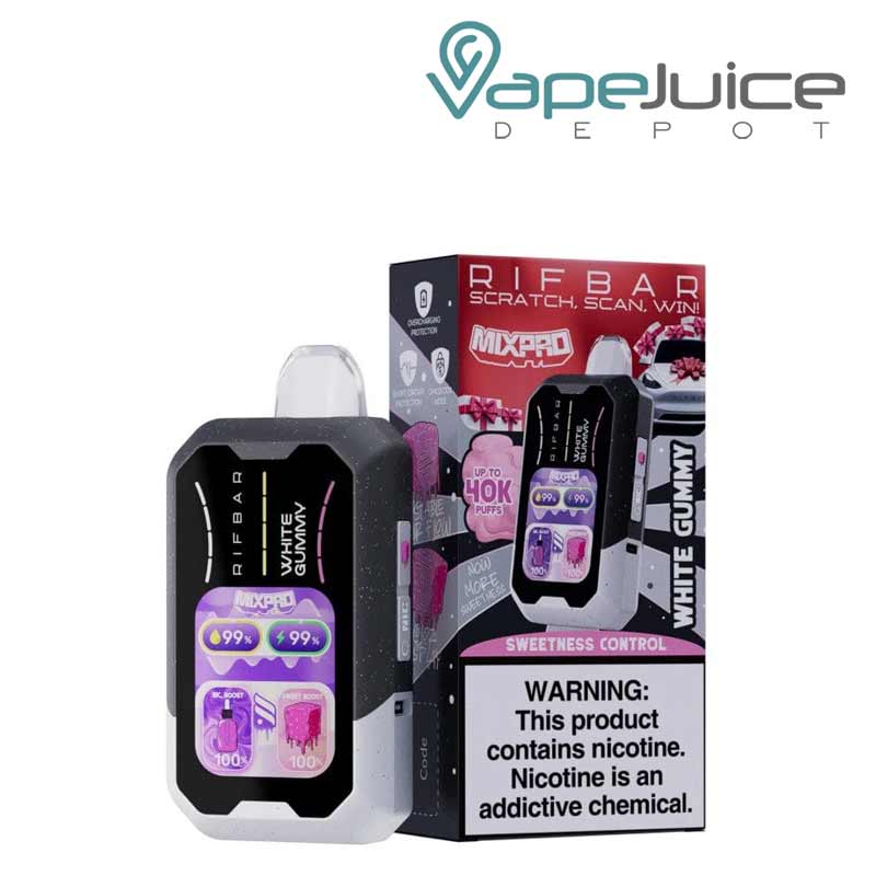 A Disposable of White Gummy Rifbar Mixpro 40K with smart full screen and a box with a warning sign next to it - Vape Juice Depot