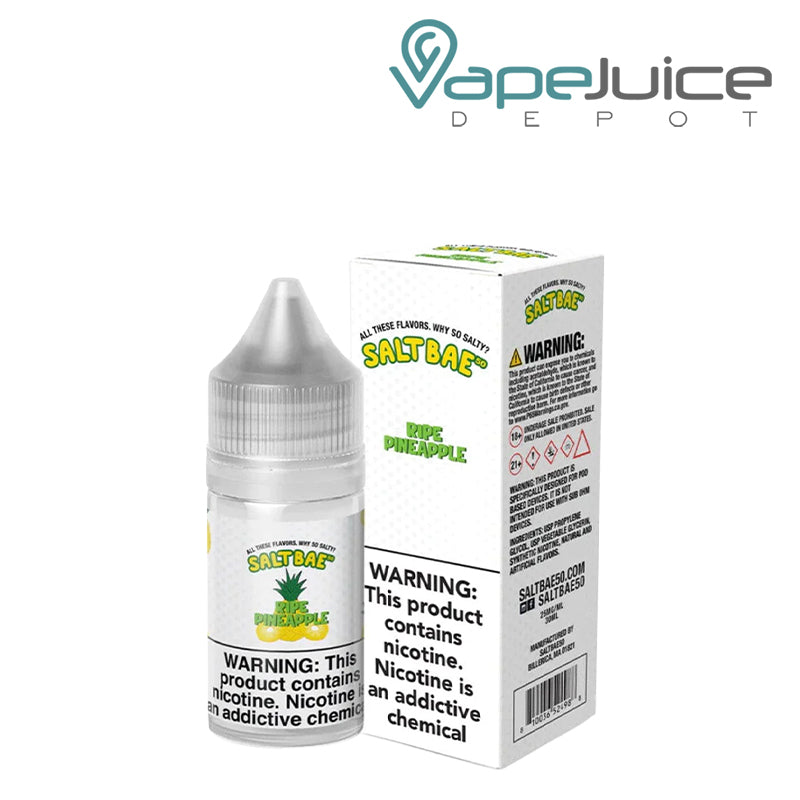 A 30ml bottle of Ripe Pineapple SaltBae50 Salt and a box with a warning sign next to it - Vape Juice Depot