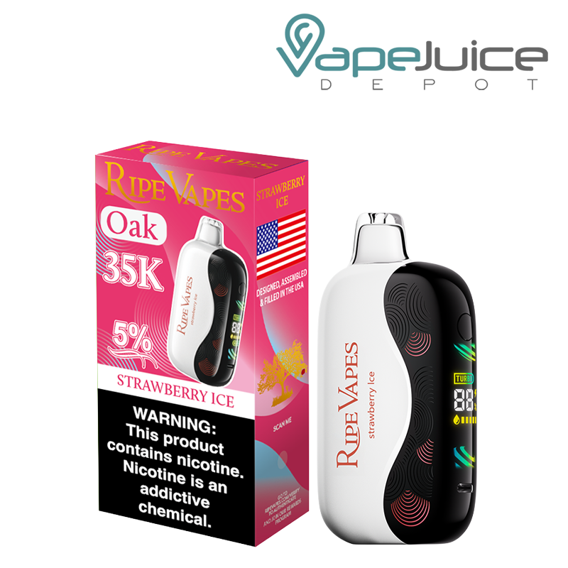 A Box of Strawberry Ice Ripe Vapes Oak 35K Disposable with a warning sign and a device with a 3D Screen next to it - Vape Juice Depot