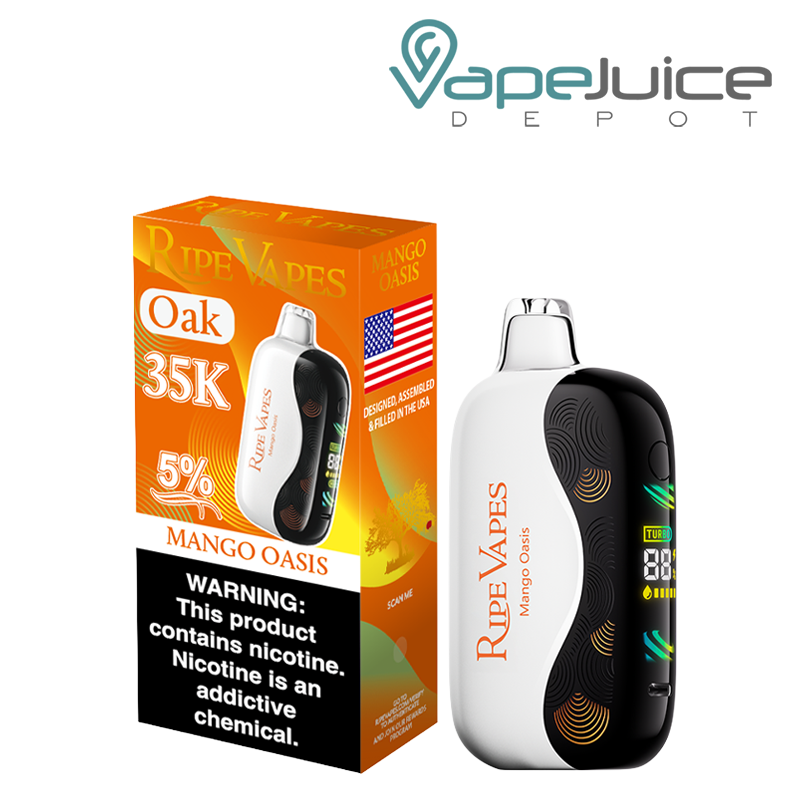 A Box of Mango Oasis Ripe Vapes Oak 35K Disposable with a warning sign and a device with a 3D Screen next to it - Vape Juice Depot