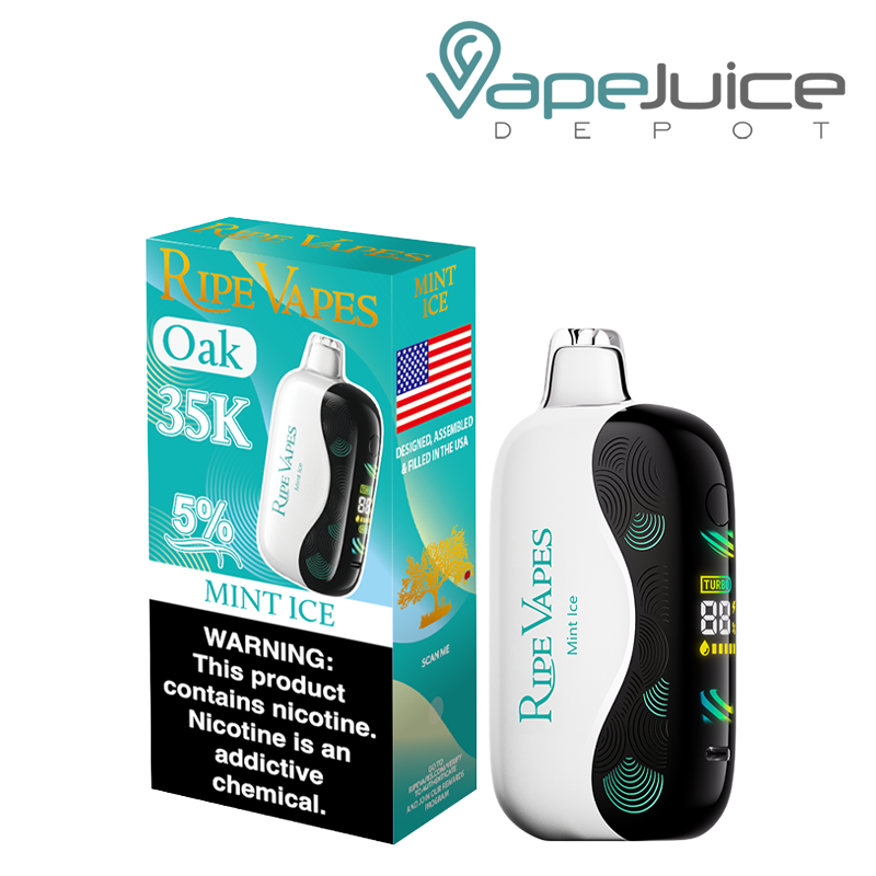 A Box of Mint Ice Ripe Vapes Oak 35K Disposable with a warning sign and a device with a 3D Screen next to it - Vape Juice Depot