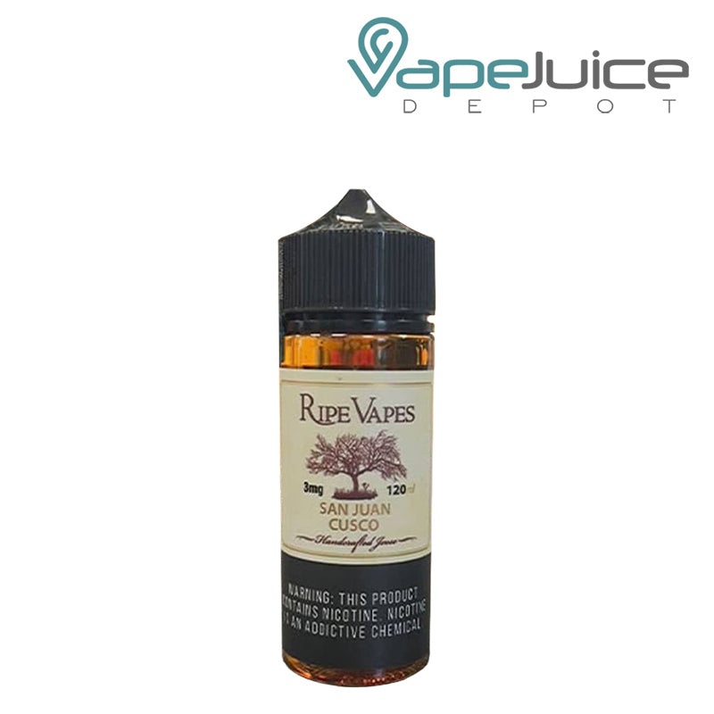 A 120ml bottle of San Juan Cusco Ripe Vapes eLiquid with a warning sign - Vape Juice Depot