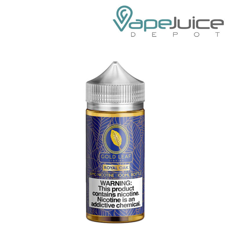 A 100ml bottle of Royal Oak Gold Leaf eLiquid with a warning sign - Vape Juice Depot