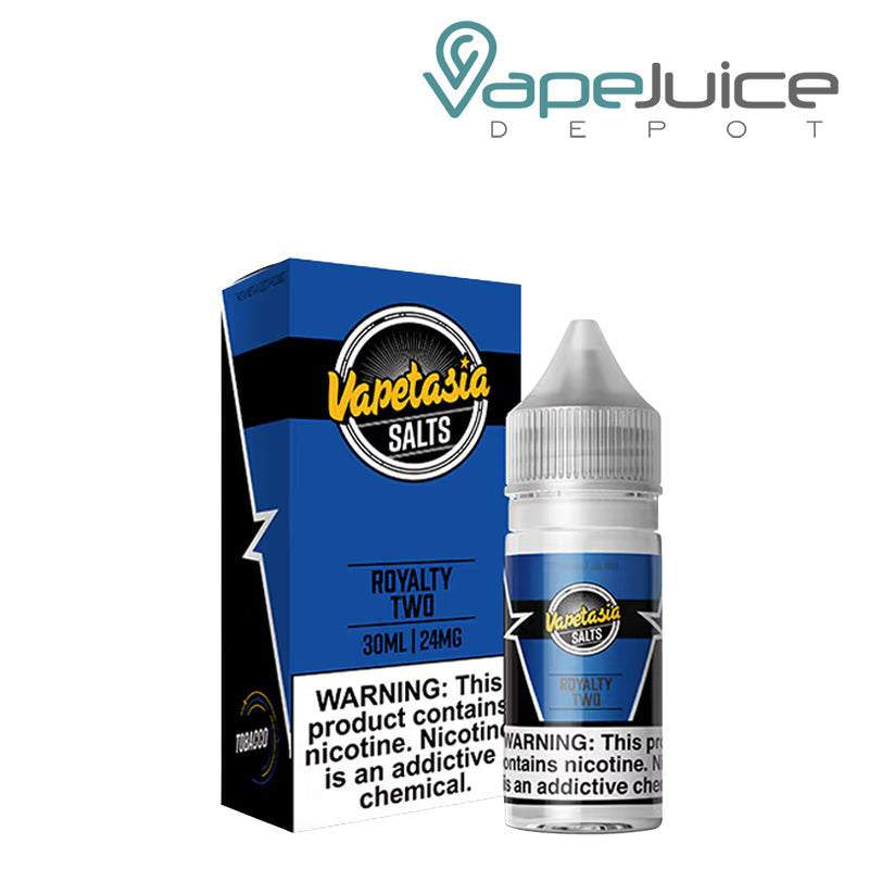 A box of Royalty 2 Vapetasia Salts with a warning sign and a 30ml bottle next to it - Vape Juice Depot