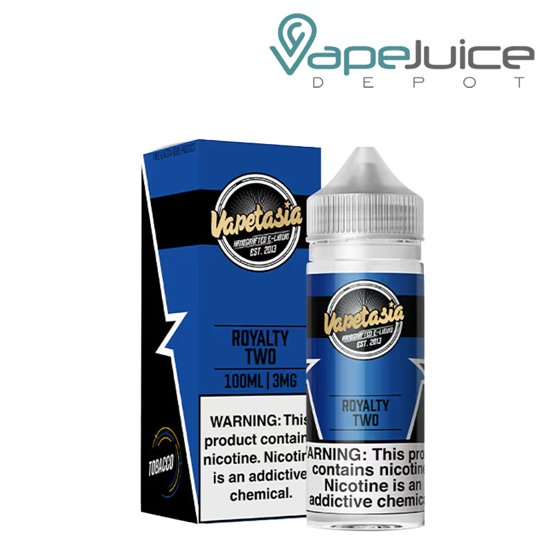 A box of Royalty Two Vapetasia eLiquid with a warning sign and a 100ml bottle next to it - Vape Juice Depot