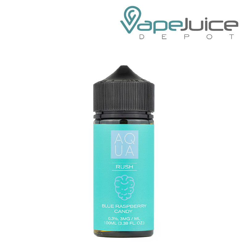 A 100ml bottle of Rush AQUA eLiquid and a box with a warning sign next to it - Vape Juice Depot