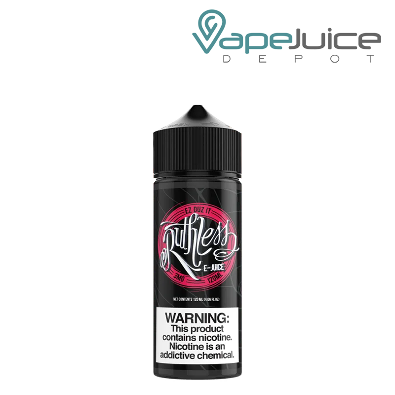 A 120ml bottle of EZ Duz It Ruthless Vapor eLiquid with a warning sign - Vape Juice Depot