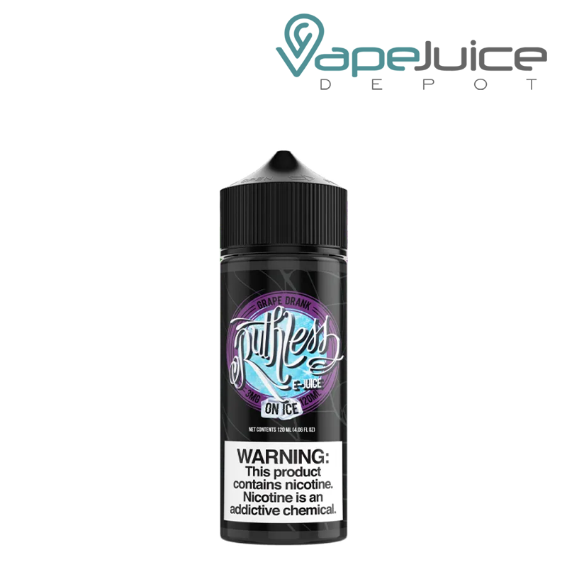 A 120ml bottle of Grape Drank on Ice Ruthless Vapor eLiquid with a warning sign - Vape Juice Depot
