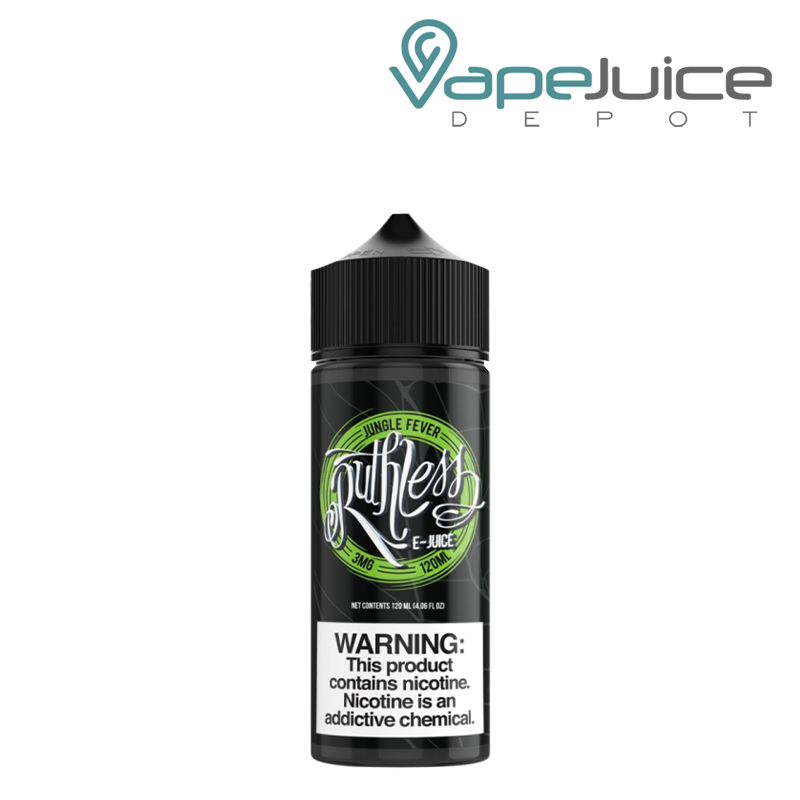A 120ml bottle of Jungle Fever Ruthless Vapor eLiquid with a warning sign - Vape Juice Depot