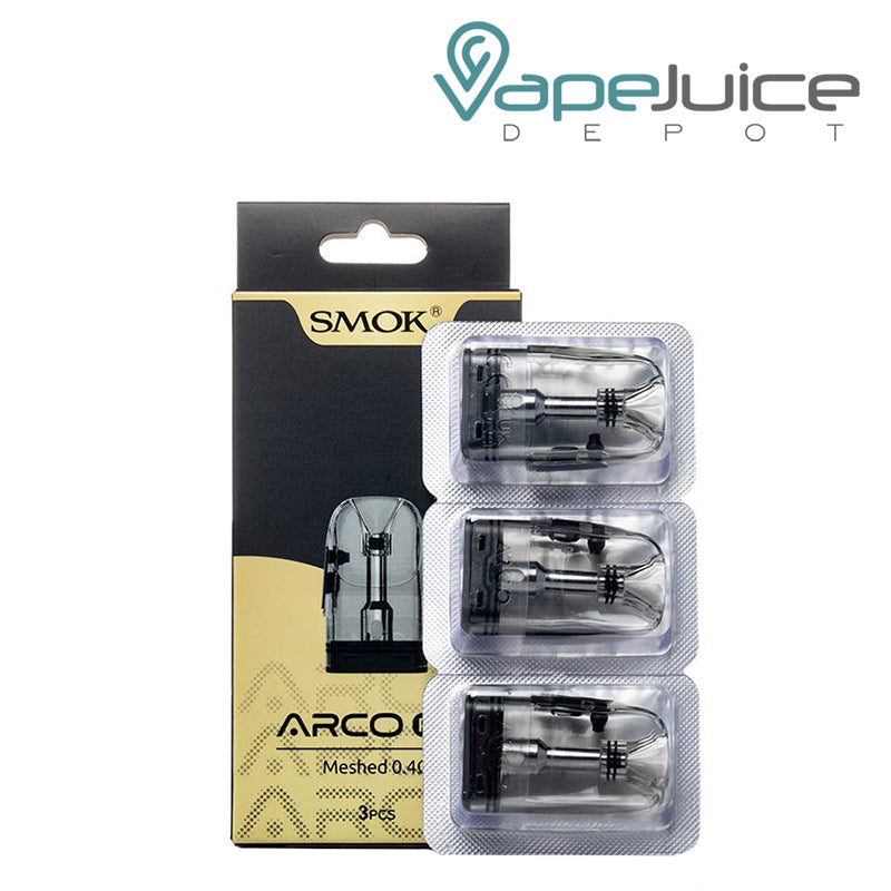 A Box of 0.4ohm SMOK ARCO Replacement Pods and a pack of pod next to it - Vape Juice Depot