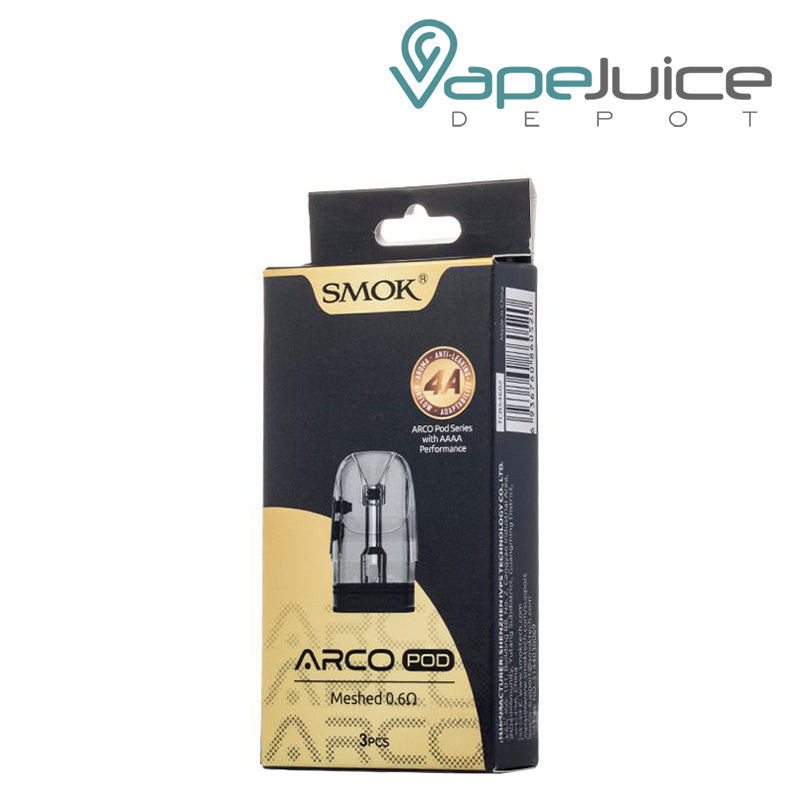 A Box of 0.6ohm SMOK ARCO Replacement Pods and a pack of pod next to it - Vape Juice Depot