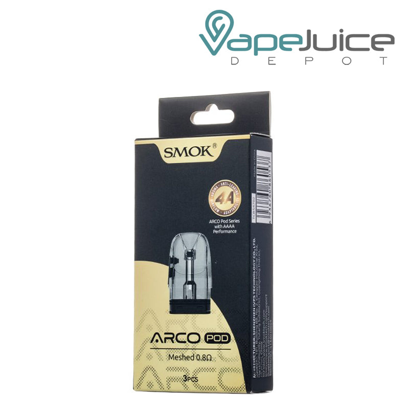 A Box of 0.8ohm SMOK ARCO Replacement Pods and a pack of pod next to it - Vape Juice Depot