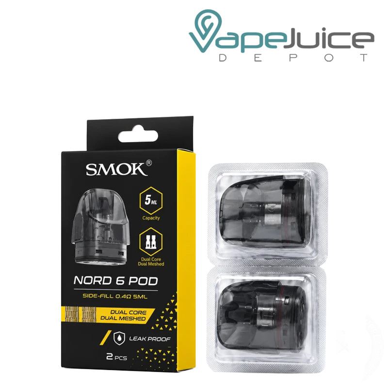 A Box of SMOK Nord 6 Replacement Pods 0.4ohm and a pods next to it - Vape Juice Depot