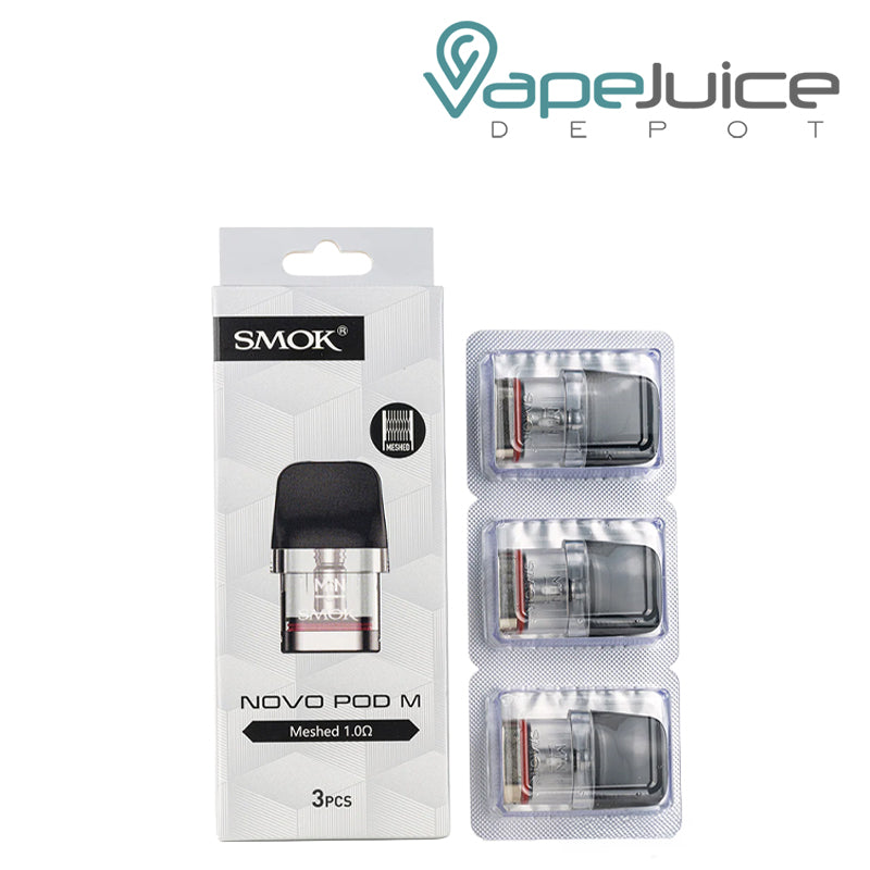 A Box of 1.0ohm SMOK Novo M Replacement Pods 0.8 ohm and a pack of pods next to it - Vape Juice Depot