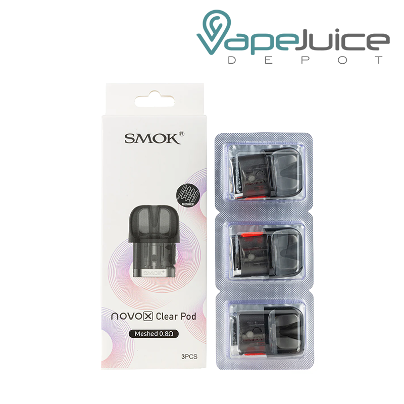 A box of clear Meshed 0.8ohm SMOK Novo X Pods and a pack of three pods next to it - Vape Juice Depot