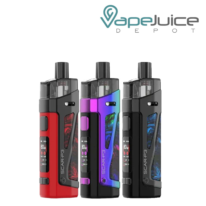 Three Colors of SMOK SCAR P3 Pod Kit with firing button and display screen - Vape Juice Depot