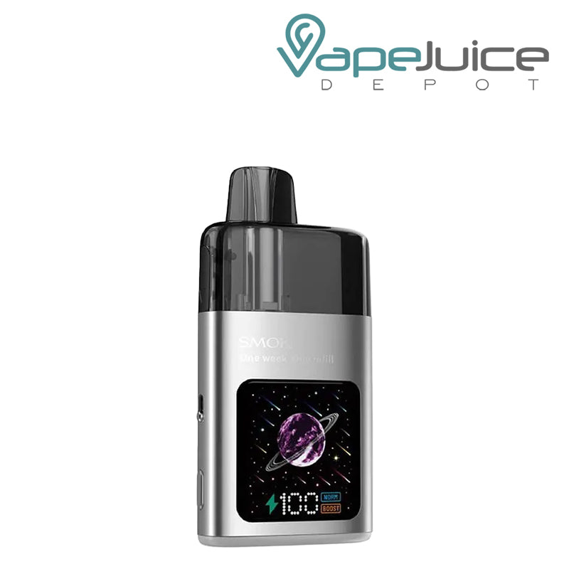 A Silver SMOK TFOS pod kit with a digital display - Vape Juice Depot
