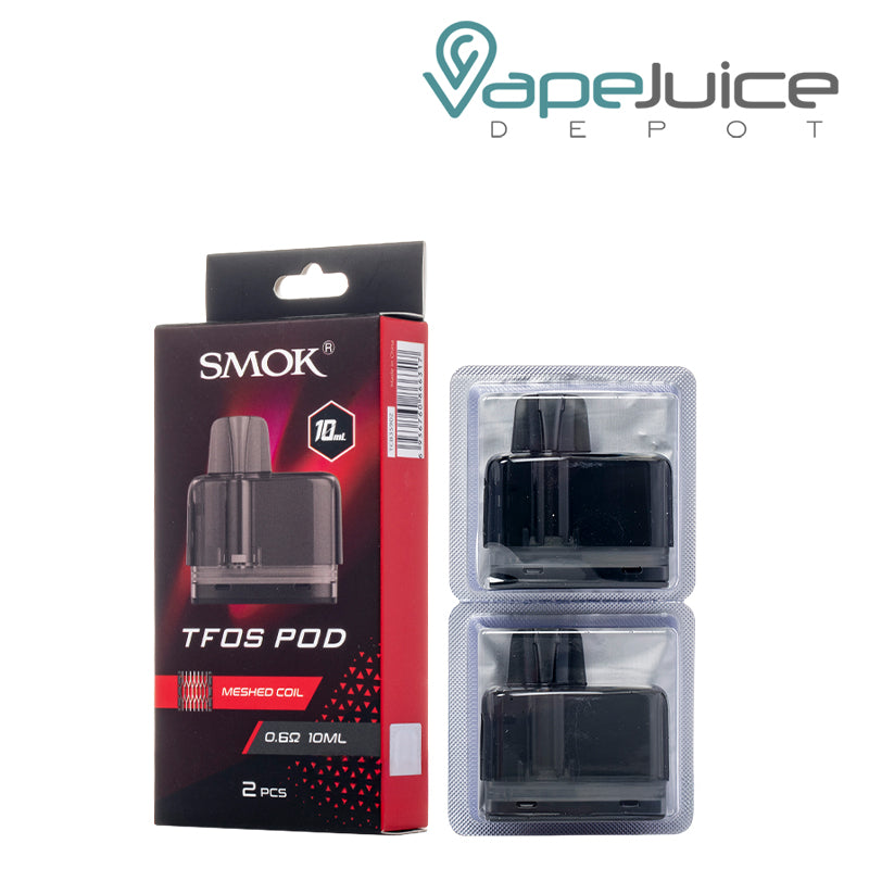A box of Smok TFOS 0.6-10ml Replacement Pods and pack of two pods next to it - Vape Juice Depot