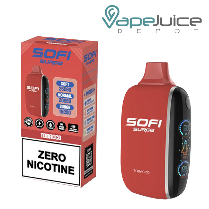 A Box of Tobacco SOFI Surge 25000 Zero Nicotine Disposable and a Disposable with Indicator Battery and Firing Button - Vape Juice Depot