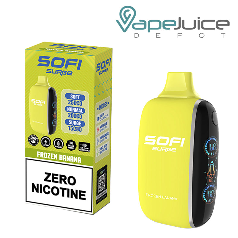 A Box of Frozen Banana SOFI Surge 25000 Zero Nicotine Disposable and a Disposable with Indicator Battery and Firing Button - Vape Juice Depot