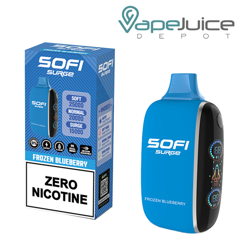 A Box of Frozen Blueberry SOFI Surge 25000 Zero Nicotine Disposable and a Disposable with Indicator Battery and Firing Button - Vape Juice Depot