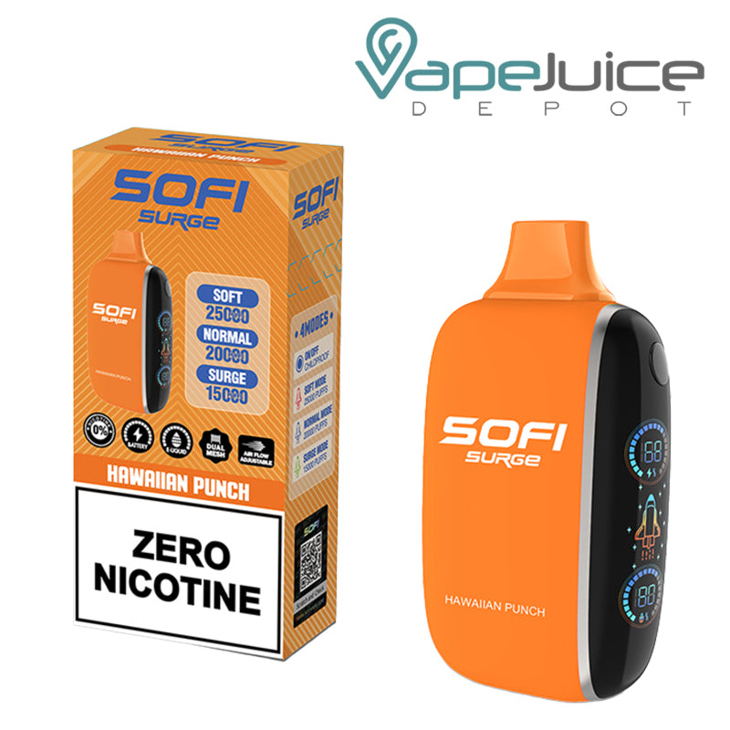 A Box of Hawaian Punch SOFI Surge 25000 Zero Nicotine Disposable and a Disposable with Indicator Battery and Firing Button - Vape Juice Depot