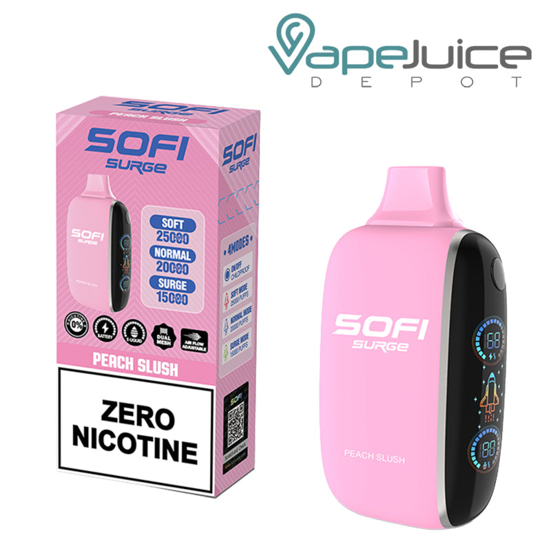 A Box of Peach Slush SOFI Surge 25000 Zero Nicotine Disposable and a Disposable with Indicator Battery and Firing Button - Vape Juice Depot