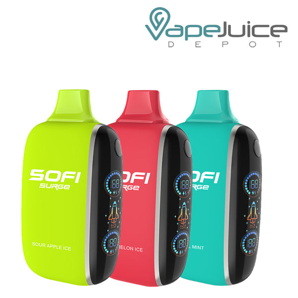 Three Flavors of SOFI Surge 25000 Zero Nicotine Disposable with Indicator Battery and Firing Button - Vape Juice Depot