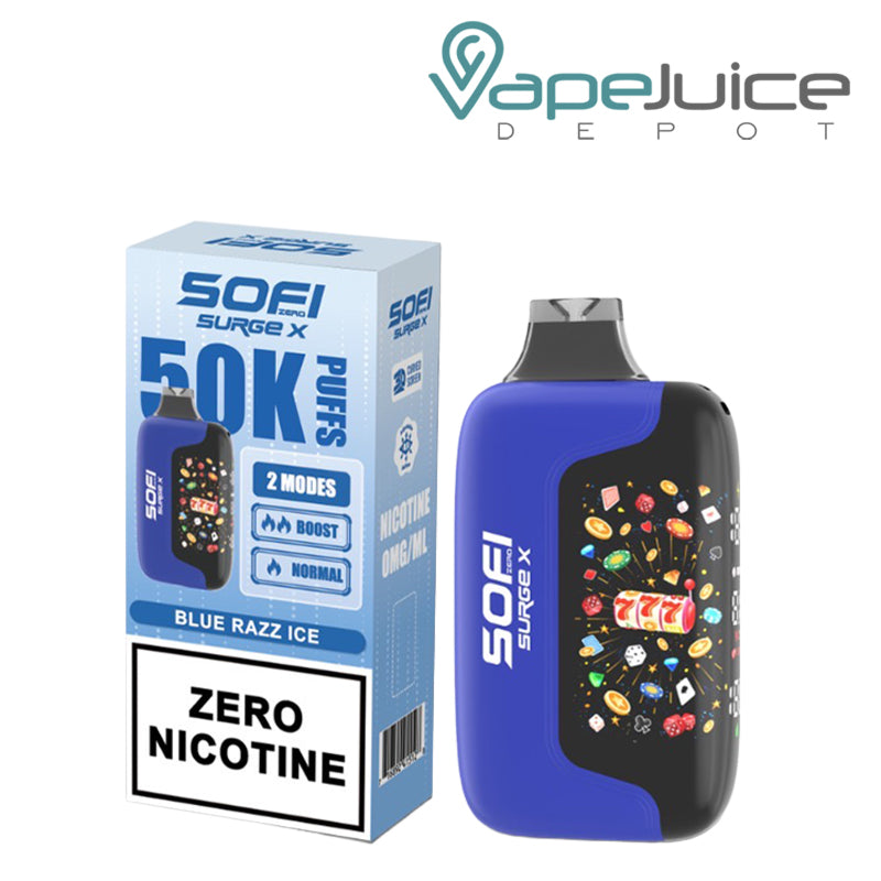 A Box of Blue Razz Ice SOFI Surge X 50000 Zero Nicotine Disposable and a device next to it - Vape Juice Depot