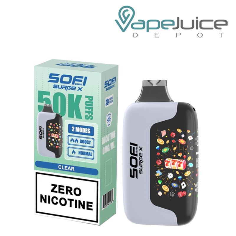A Box of SOFI Surge X 50000 Zero Nicotine Clear Disposable and a device next to it - Vape Juice Depot