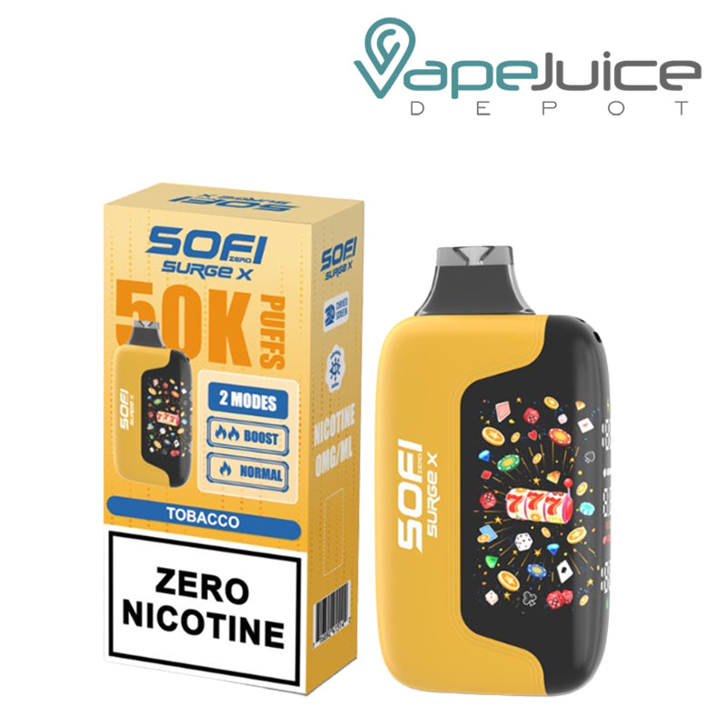 A Box of SOFI Surge X 50000 Zero Nicotine Tobacco Disposable and a device next to it - Vape Juice Depot