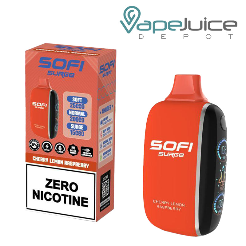 A Box of Cherry Lemon Raspberry SOFI Surge 25000 Zero Nicotine Disposable and a Disposable with Indicator Battery and Firing Button - Vape Juice Depot