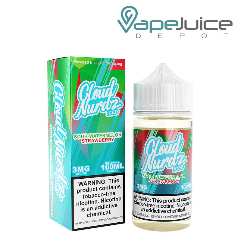 A 100ml bottle of Sour Watermelon Strawberry Iced TFN Cloud Nurdz and a box with a warning sign next o it - Vape Juice Depot
