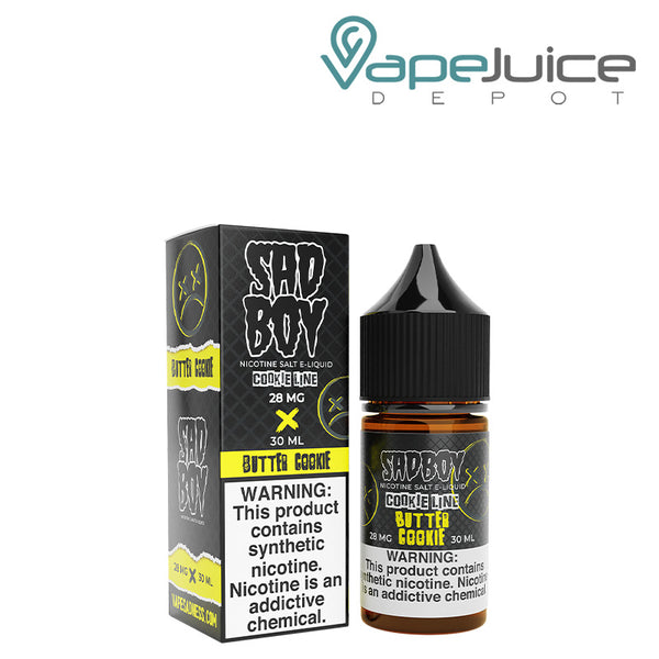 A box of Butter Cookie Salt SadBoy eLiquid with a warning sign and a 30ml bottle next to it - Vape Juice Depot