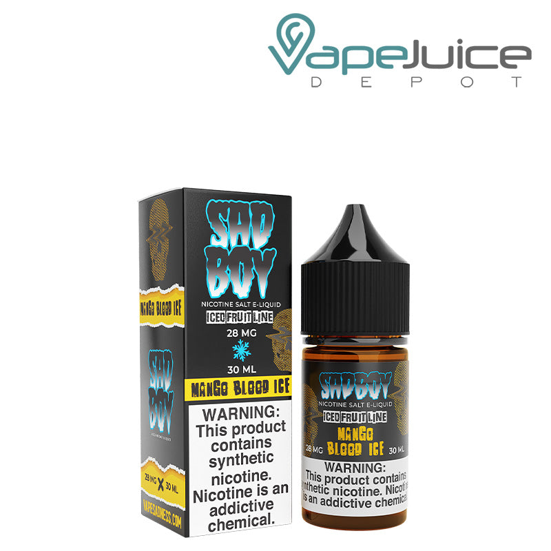 A box of Mango Blood Ice Salt SadBoy eLiquid with a warning sign and a 30ml bottle next to it - Vape Juice Depot