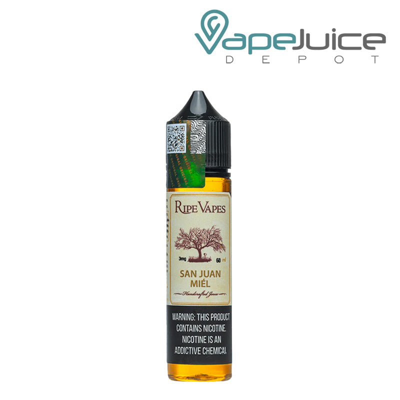 A 60ml bottle of San Juan Miel Ripe Vapes with a warning sign - Vape Juice Depot