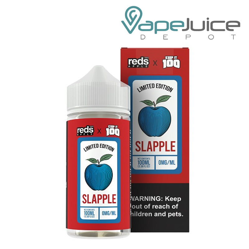 A 100ml bottle of Slapple 7 Daze Reds X Keep It 100 eLiquid and a box with a warning sign next to it - Vape Juice Depot