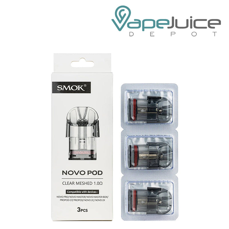 A Box of Clear SMOK Novo Pods 1.0ohm and a pack of pod next to it - Vape Juice Depot