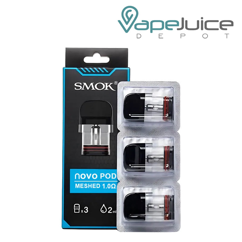 A Box of SMOK Novo Pods 1.0ohm and a pack of pod next to it - Vape Juice Depot