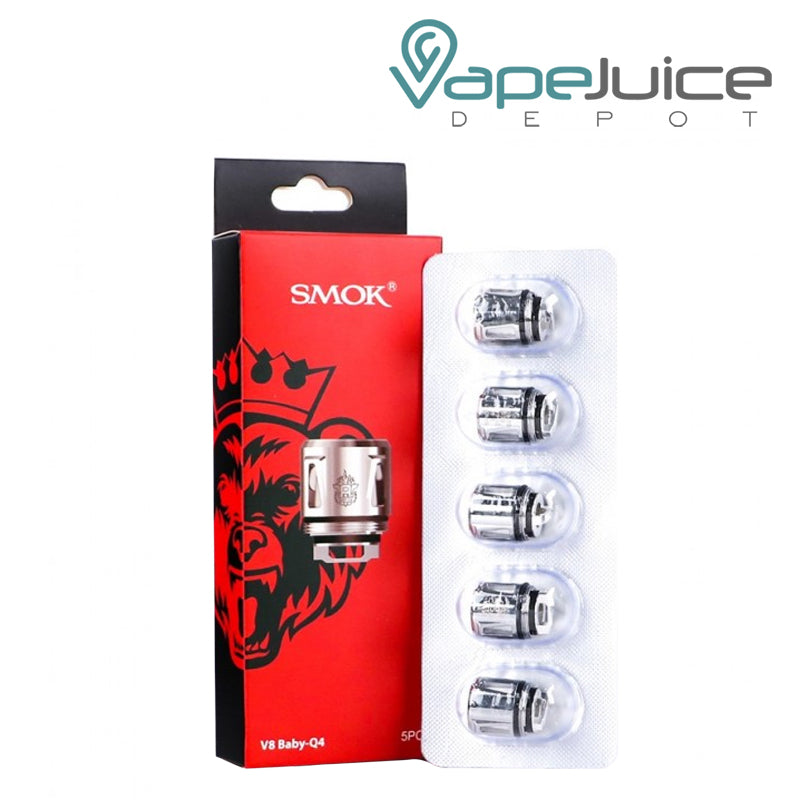 A Box of SMOK V8 Baby Q4 Coil and a pack of coils next to it - Vape Juice Depot