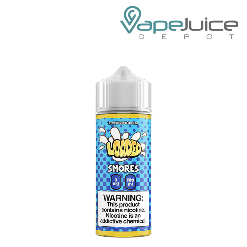 A 120ml bottle of Smores LOADED eLiquid with a warning sign - Vape Juice Depot