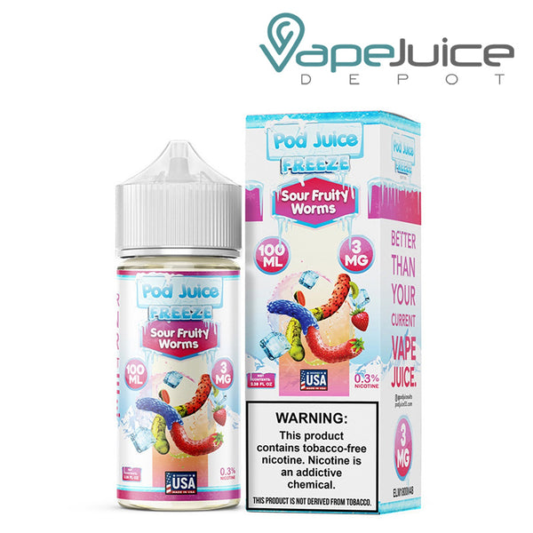 A 100ml bottle of Sour Fruity Worms Freeze Pod Juice TFN and a box with a warning sign next to it - Vape Juice Depot